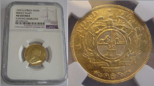 Paul Kruger ZAR : GOLD POND of 1892 (Single Shaft) : NGC graded AU Details (Very Rare)