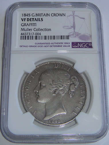 Great Britain: Silver Crown (5-Shillings) of Queen Victoria of 1845: NGC graded VF details