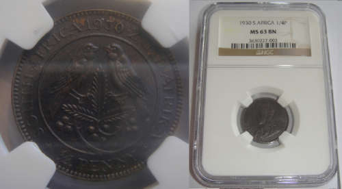 Union of South Africa : Farthing (Quarter Penny) of 1930 : NGC graded MS 63 BN (SCARCE)