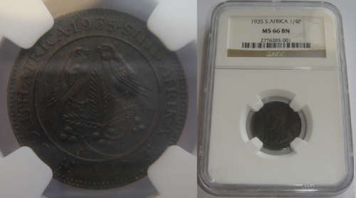 Union of South Africa : Farthing (Quarter Penny) of 1935 : NGC graded MS 66 BN