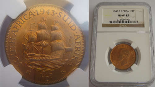 Union of South Africa : Half Penny of 1943 : NGC graded MS 64 RB