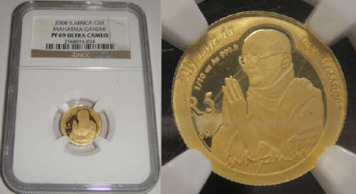 Republic of South Africa: GOLD R5 Protea : Mahatma Gandhi: NGC graded PF 69 Ultra Cameo