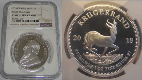 Republic of South Africa : Silver Krugerrand of 2018 : NGC graded PF 69 Ultra Cameo