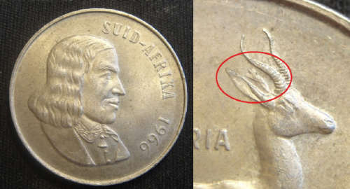 Republic of South Africa : Afrikaans Silver R1 of 1966 (Tagged Ear Variety)