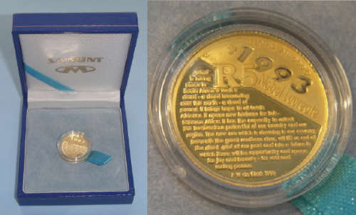 Republic of South Africa: 2007 Proof One Tenth Oz GOLD R5 Protea (De Klerk Speech)
