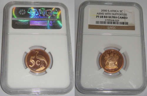 Republic of South Africa : Five Cent of 2000 (Old Coat of Arms) : NGC graded PF 68 RD ULTRA CAMEO