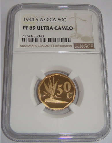 Republic of South Africa : Fifty Cent of 1994 : NGC graded PF 69 ULTRA CAMEO