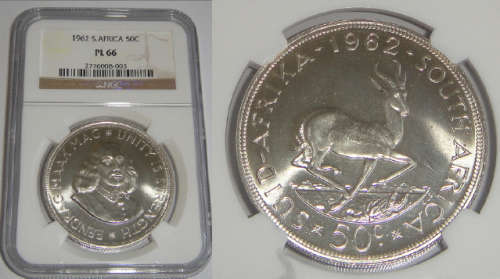 Republic of South Africa : Silver Crown (50c) of 1962 : NGC graded PL 66