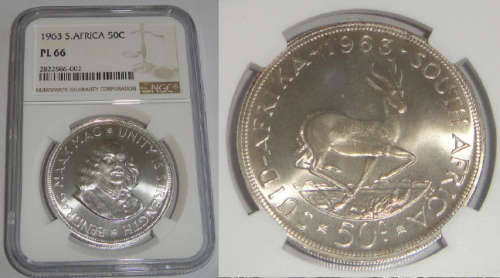 Republic of South Africa : Silver Crown (50c) of 1963 : NGC graded PL 66