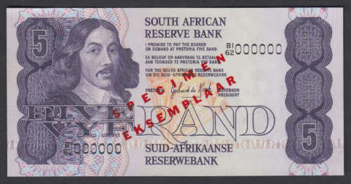 Republic of South Africa : SPECIMEN B1/62 R5 note of 1981