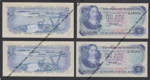 Republic of South Africa : 2 x R2 notes of 1974 (Close Serial Numbers)