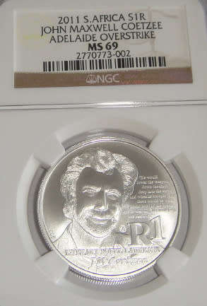 Republic of South Africa: Silver R1 of 2011 (JM Coetzee) Adelaide Overstrike: NGC graded MS 69