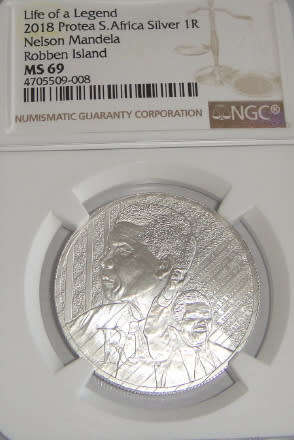 Republic of South Africa: Silver R1 of 2018 (Mandela, Robben Island) NGC graded MS 69