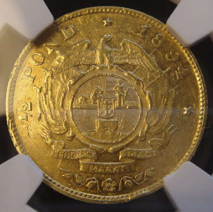 Paul Kruger ZAR : GOLD Half Pond of 1894 : NGC graded AU Details