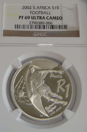 Republic of South Africa : Silver R1 of 2002 (Football): NGC graded PF 69 Ultra Cameo