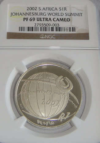 Republic of South Africa : Silver R1 of 2002 (JHB World Summit): NGC graded PF 69 Ultra Cameo