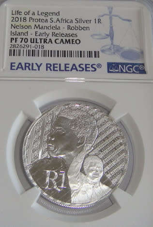 Rep. of South Africa: Silver R1 of 2018 (Mandela, Robben Island): NGC graded PF 70 UC Early Releases