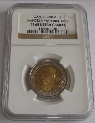 Republic of South Africa: Mandela 90th Birthday R5 of 2008: NGC graded PROOF 68 Ultra Cameo
