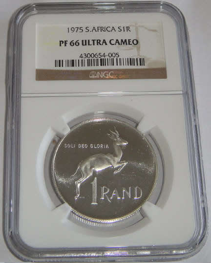 Republic of South Africa : Silver R1 of 1975 : NGC graded PF 66 Ultra Cameo