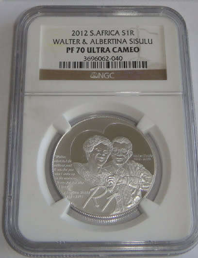 Republic of South Africa : Silver R1 of 2012 (Sisulu): NGC graded PF 70 Ultra Cameo