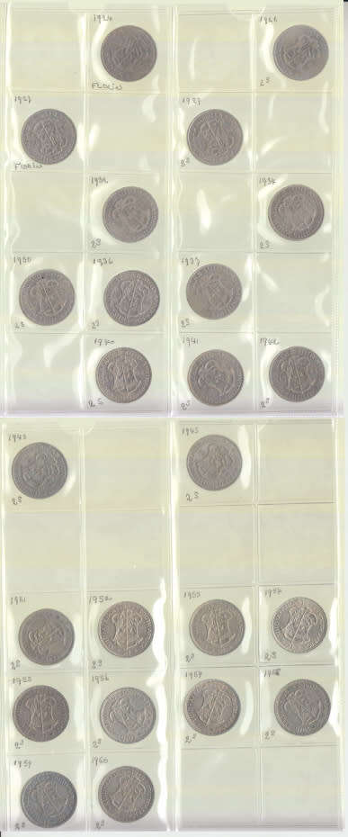 Union of South Africa: Collection of 24 Silver Two-Shilling (2/-) pieces: 1924--1960