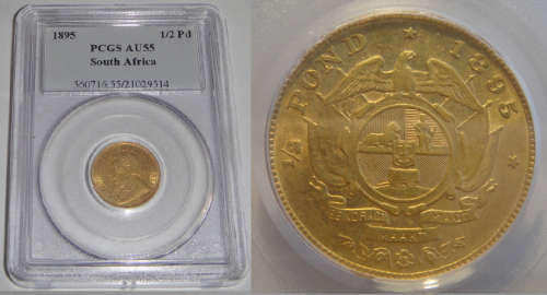 Paul Kruger ZAR : GOLD HALF POND of 1895 : PCGS graded AU 55