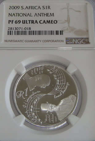 Republic of South Africa : Silver R1 of 2009 (National Anthem): NGC graded PF 69 Ultra Cameo