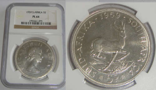 Union of South Africa: Crown (5/-) of 1959 : NGC graded PL 64