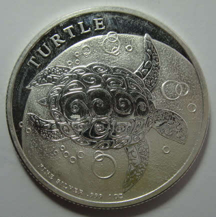 1 OZ Silver Crown-size Coin:  Niue Two-Dollars of 2014 (The Turtle) .999 Fine Silver