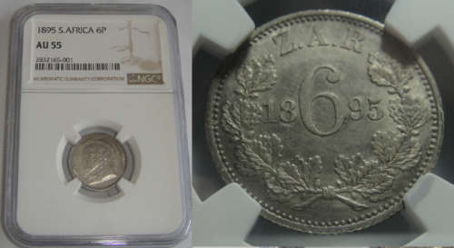 Paul Kruger ZAR : Six Pence (6d) of 1895 : NGC graded AU 55