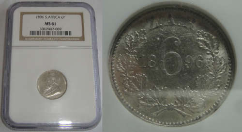 Paul Kruger ZAR : Six Pence (6d) of 1896 : NGC graded MS 61