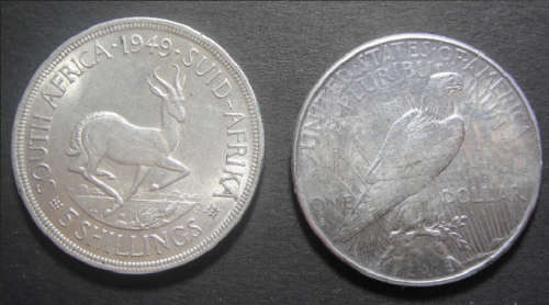 USA Silver Peace Dollar of 1928 (S) &South African Silver Crown of 1949