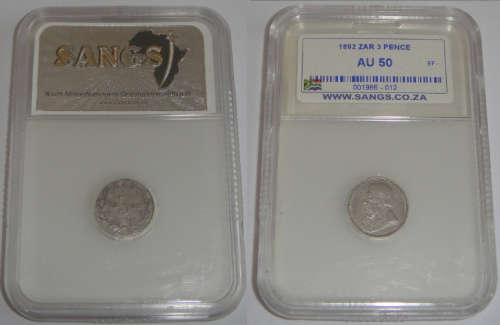 Paul Kruger (ZAR) : Three Pence (3d) of 1892 : Sangs graded AU 50