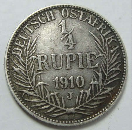 German East Africa (Deutsch-Ostafrika) : Quarter Rupee of 1910 (J)