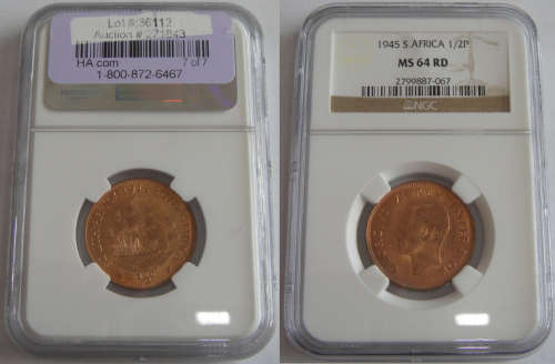 Union of South Africa : Half Penny of 1945 : NGC graded MS 64 RD