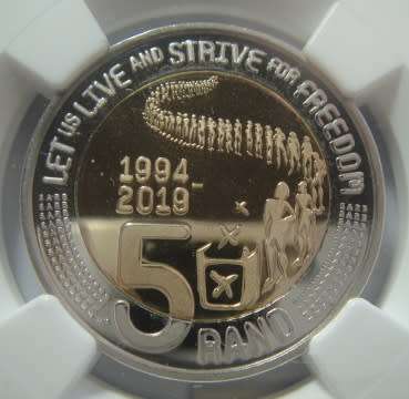 Republic of South Africa : R5 of 2019 (Constitutional Democracy) : NGC graded PF 68 Ultra Cameo