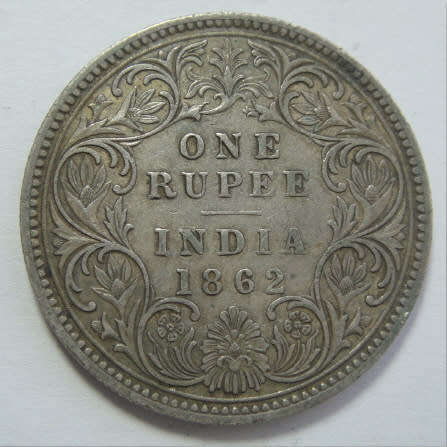 India : Queen Victoria : Silver One Rupee of 1862
