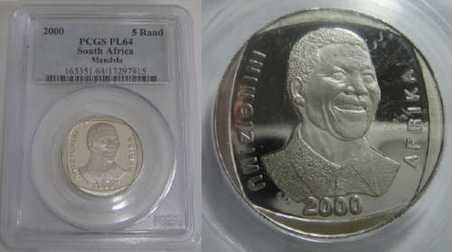 Republic of South Africa : Mandela 2000 R5 coin : PCGS  graded PL 64
