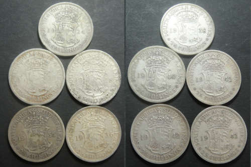 Union of South Africa : Ten 80% Silver Half Crowns of Kings George V & VI