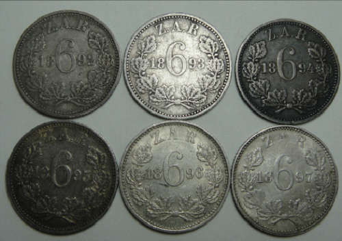 Paul Kruger ZAR: COMPLETE Sixpence Collection (1892 to 1897)