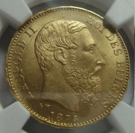 Belgium: GOLD 20-Franc of 1875 (KM# 37): NGC graded MS 65