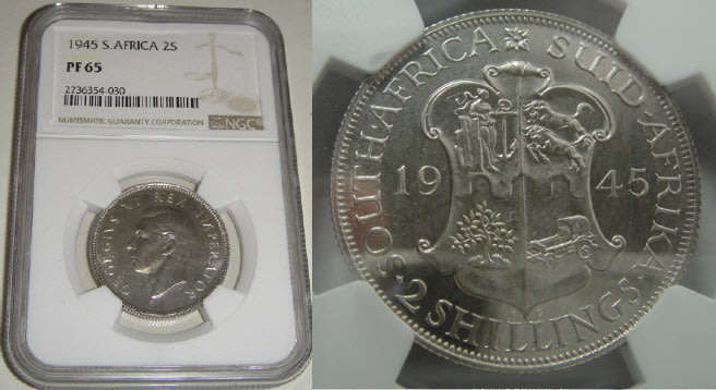 Union of South Africa: Two Shillings of 1945 (Scarce Date): NGC graded PF 65