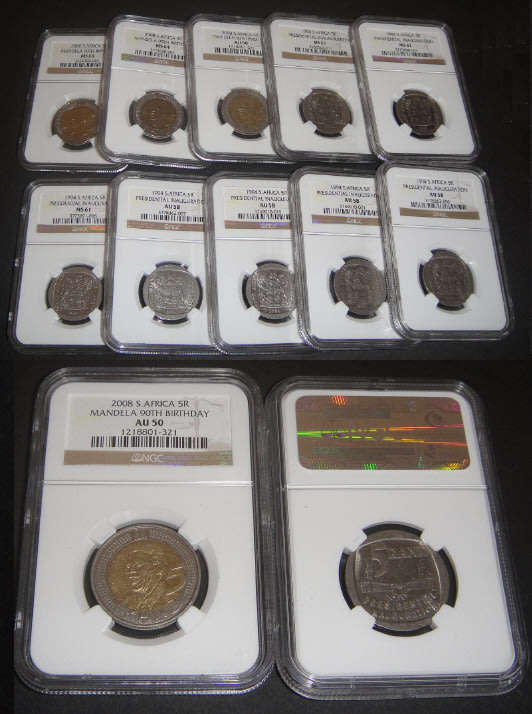 Republic of South Africa: Ten Inauguration 1994 & Mandela Birthday 2008 NGC-graded R5 Coins