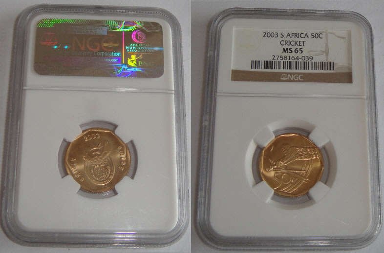 Republic of South Africa: 50c (Cricket) of 2003 : NGC graded MS 65
