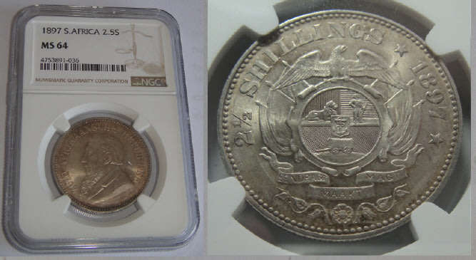 Paul Kruger ZAR Half Crown (2/6-) of 1897 : NGC graded MS 64