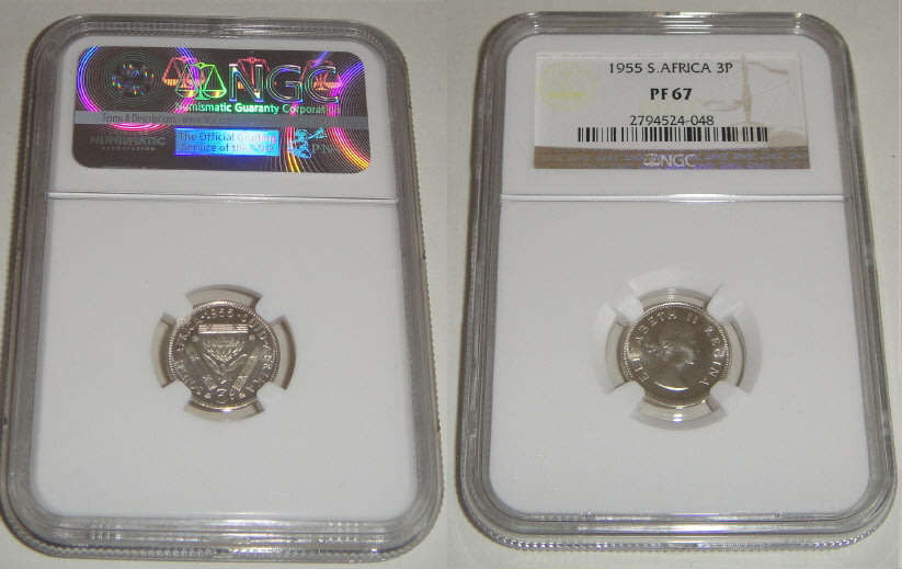 Union of South Africa: Threepence (3d) of 1955: NGC graded PF 67