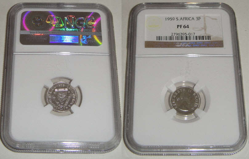 Union of South Africa: Threepence (3d) of 1959: NGC graded PF 64