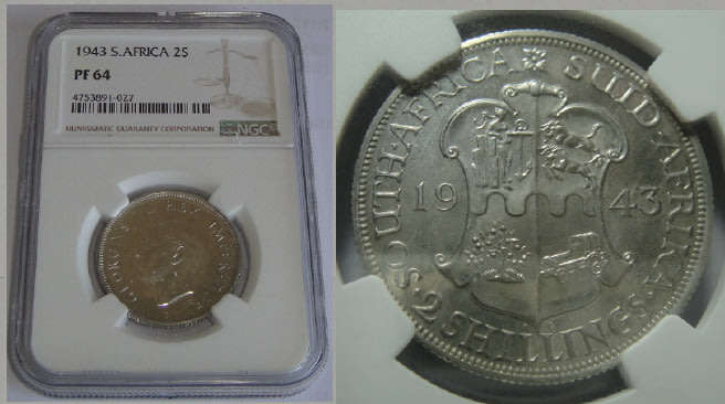 Union of South Africa: Two Shillings (2/-) of 1943 : NGC graded PF 64 (Rare Date)
