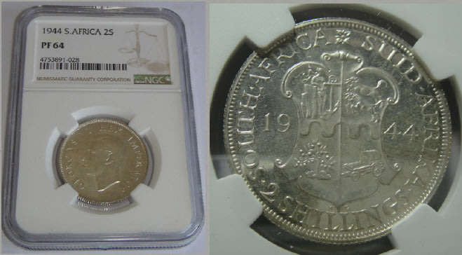 Union of South Africa: Two Shillings (2/-) of 1944 : NGC graded PF 64 (Rare Date)