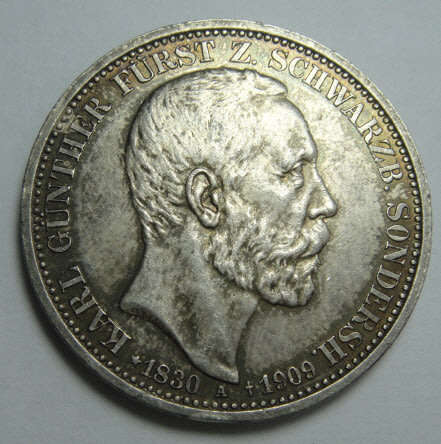 Germany: Schwartzburg-Sondershausen:  Death of King Karl Gunther: Three Mark of 1909